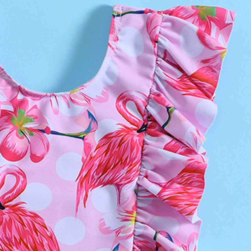 Girls Pink Flamingo Printed Ruffled Swimwear Bodysuit Beachwear
