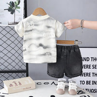 Boys Off White Typographic Print T-Shirt With Denim Shorts Sets Sets