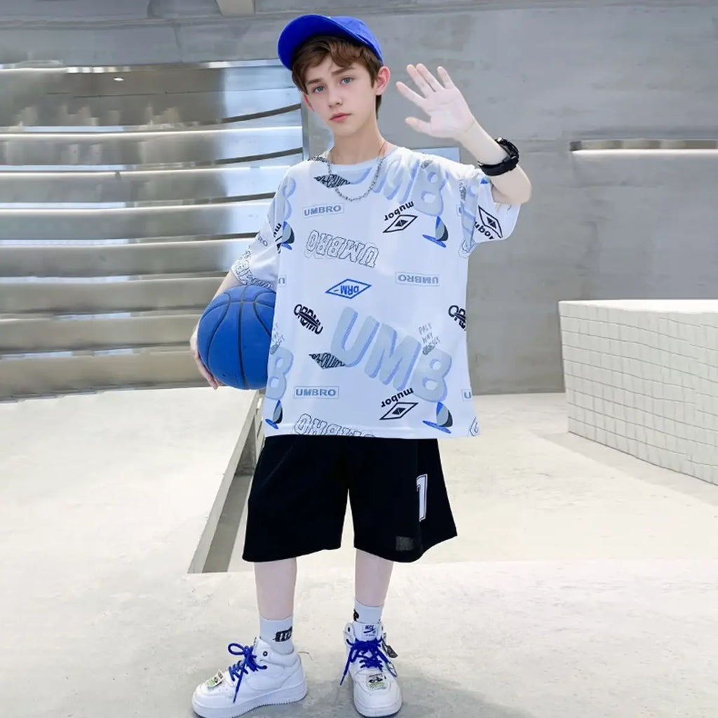 Boys Light Blue Typographic Printed Oversized T-Shirt With Shorts Set Sets