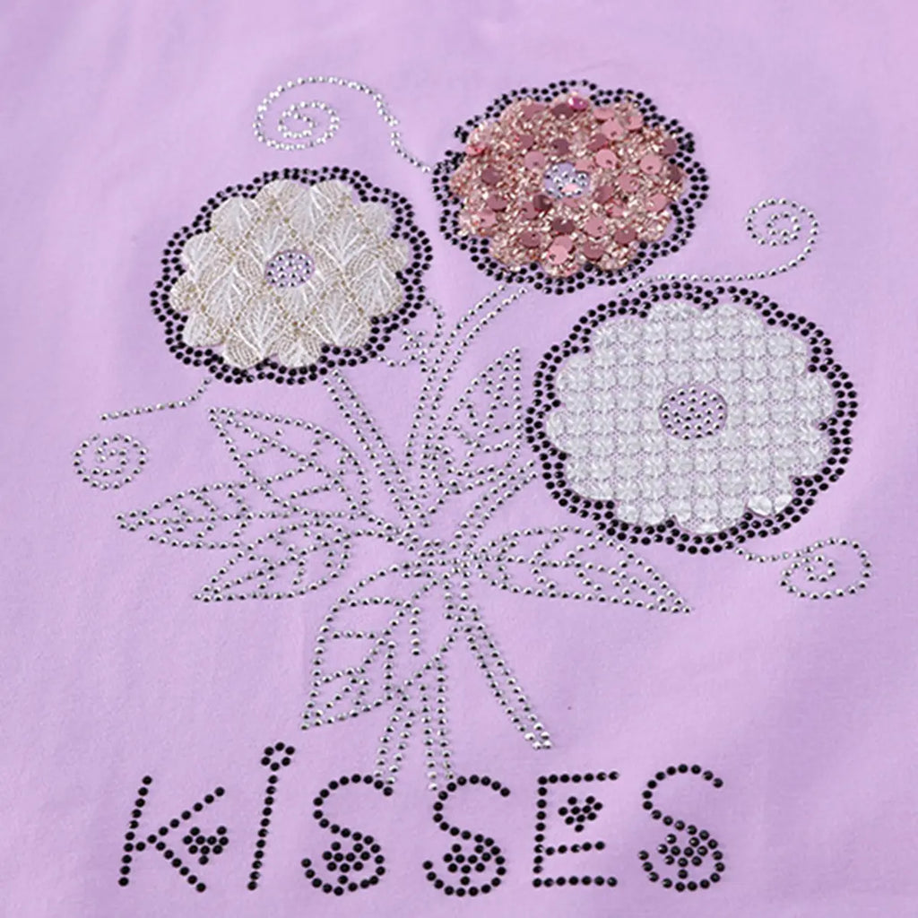 Girls Purple Flower Embellished T-Shirt With Denim Shorts Sets Sets
