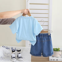 Boys Sky Blue Teddy Applique Short Sleeves T-Shirt With Denim Shorts Set 2 pc. Sets
