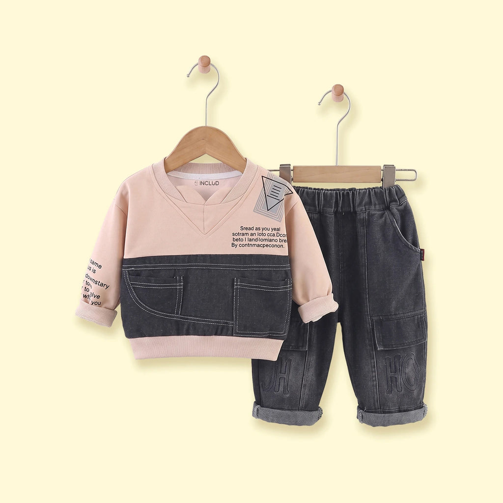 Boys Beige Typographic Sweatshirt With Denim Pants Sets 2 pc. Sets Beige 1-2 Y