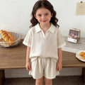Girls Cream Textured Ribbed Polo T-Shirt With Shorts Sets 2 pc. Sets Cream 1-2 Y