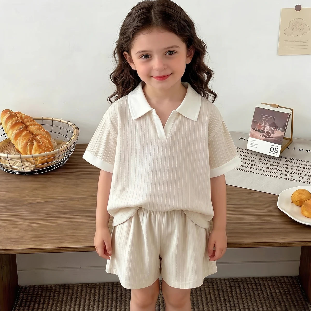 Girls Cream Textured Ribbed Polo T-Shirt With Shorts Sets 2 pc. Sets Cream 1-2 Y