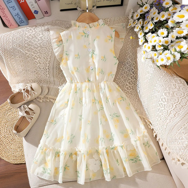 Girls Off White Floral Print Ruffe Neck Fit & Flare Dress Casual Dresses