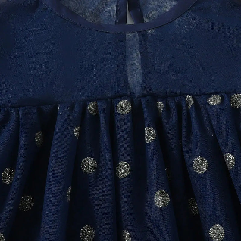 Girls Navy Blue Polka Dot Print A-line Dress With Ruffle Hem Casual Dresses