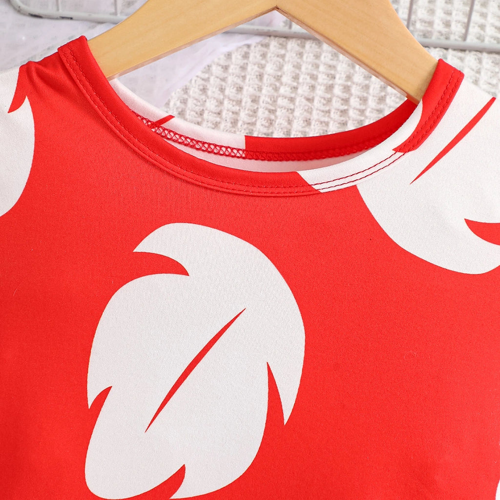 Girls Red Tropical Print Puff Sleeves Fit & Flare Dress Casual Dresses