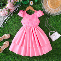 Girls Pink Flowers Applique Cap Sleeves Round Neck Dress Casual Dresses