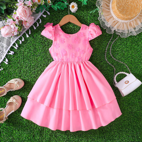 Girls Pink Flowers Applique Cap Sleeves Round Neck Dress Casual Dresses