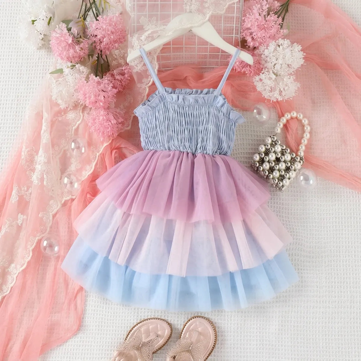 Girls Blue Smocked Sleeveless Layered Dress Casual Dresses