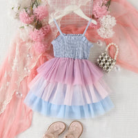 Girls Blue Smocked Sleeveless Layered Dress Casual Dresses
