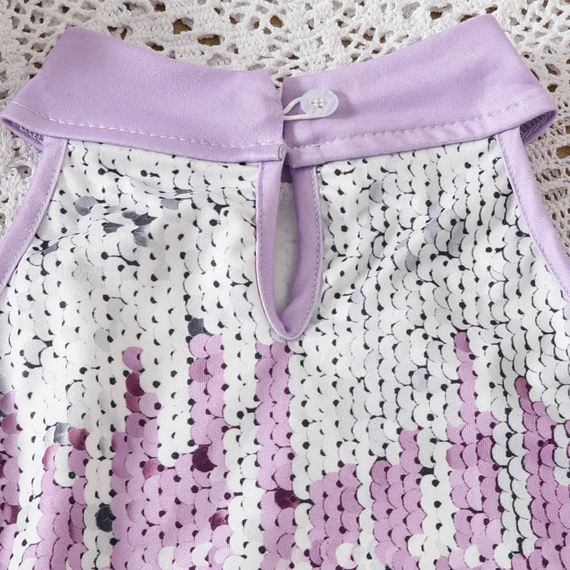 Girls Purple Sequins Embellished Halter Top With Tiered Tulle Skirts Set Sets