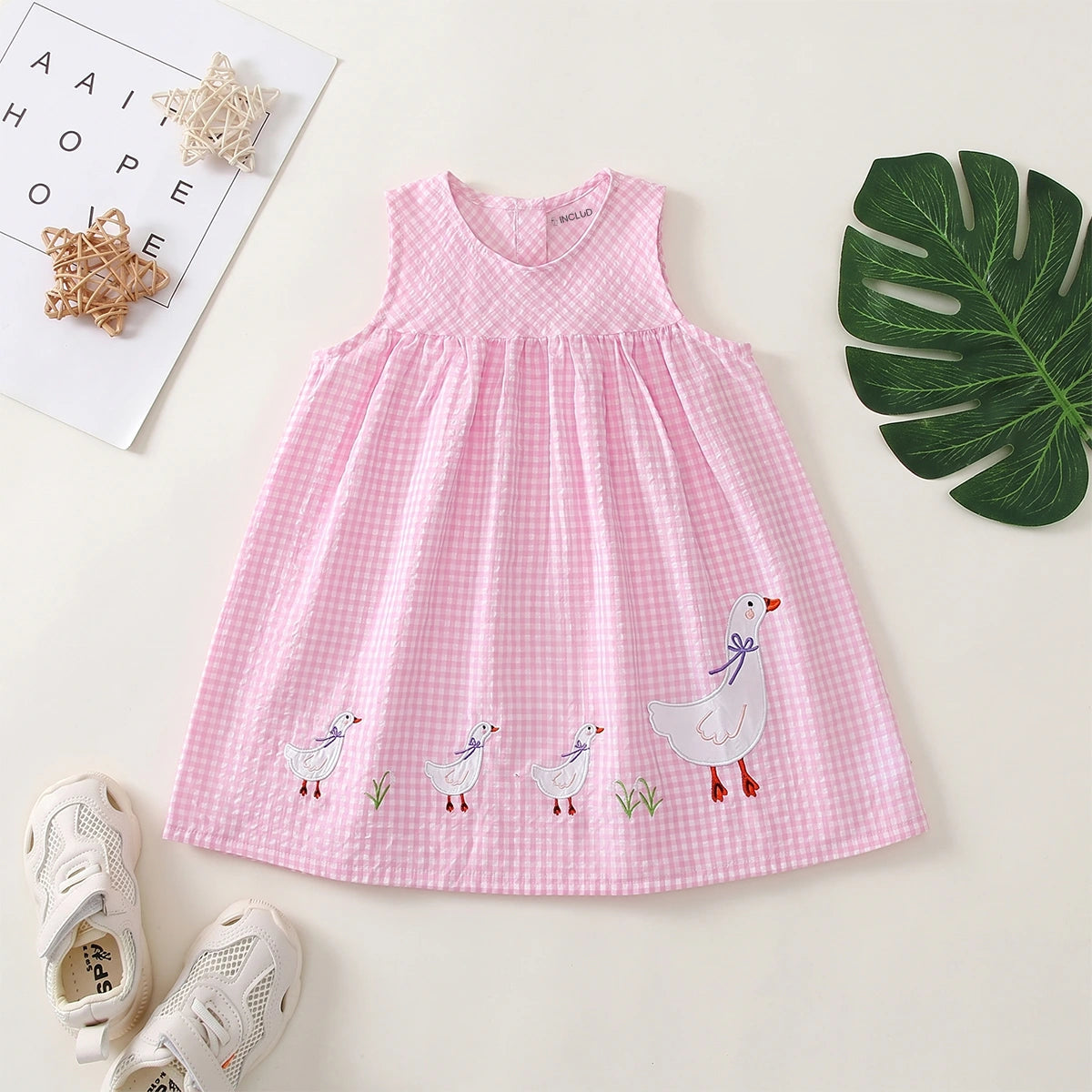 Girls Pink Gingham Checked Sleeveless A-line Dress With Duck Applique Casual Dresses Pink 2-3 Y