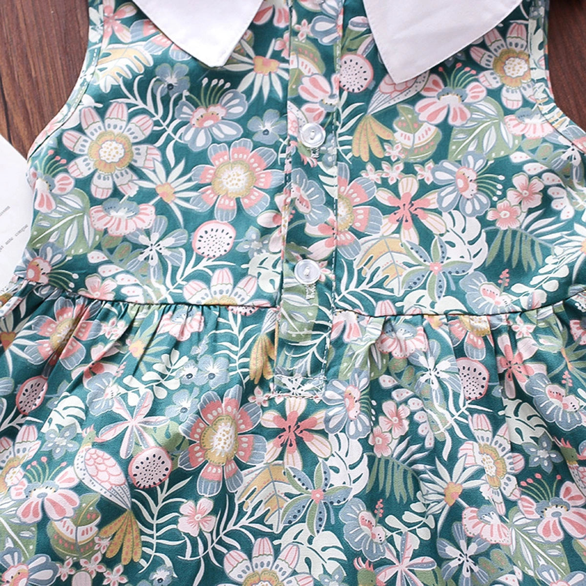 Girls Teal Floral Printed Peter Pan Collar A-line Dress Casual Dresses