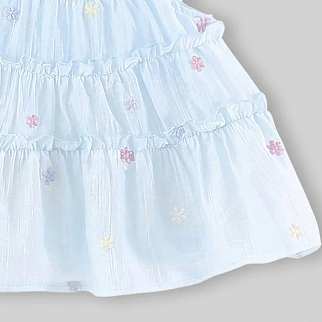 Girls Sky Blue Floral Embroidered Tiered Fit & Flare Dress Casual Dresses