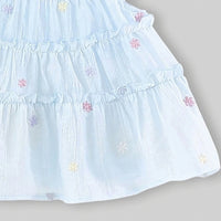 Girls Sky Blue Floral Embroidered Tiered Fit & Flare Dress Casual Dresses