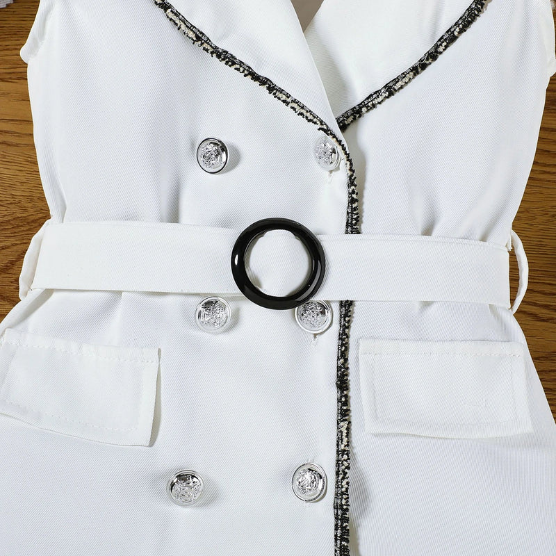 Girls White Cap Sleeve Belted Blazer Dress Casual Dresses