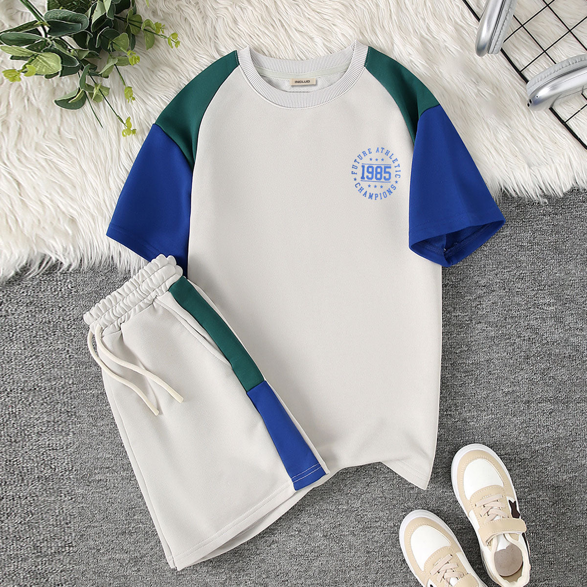 Boys Multicolor Color-blocked Raglan Sleeves T-Shirt With Shorts Set 2 pc. Sets