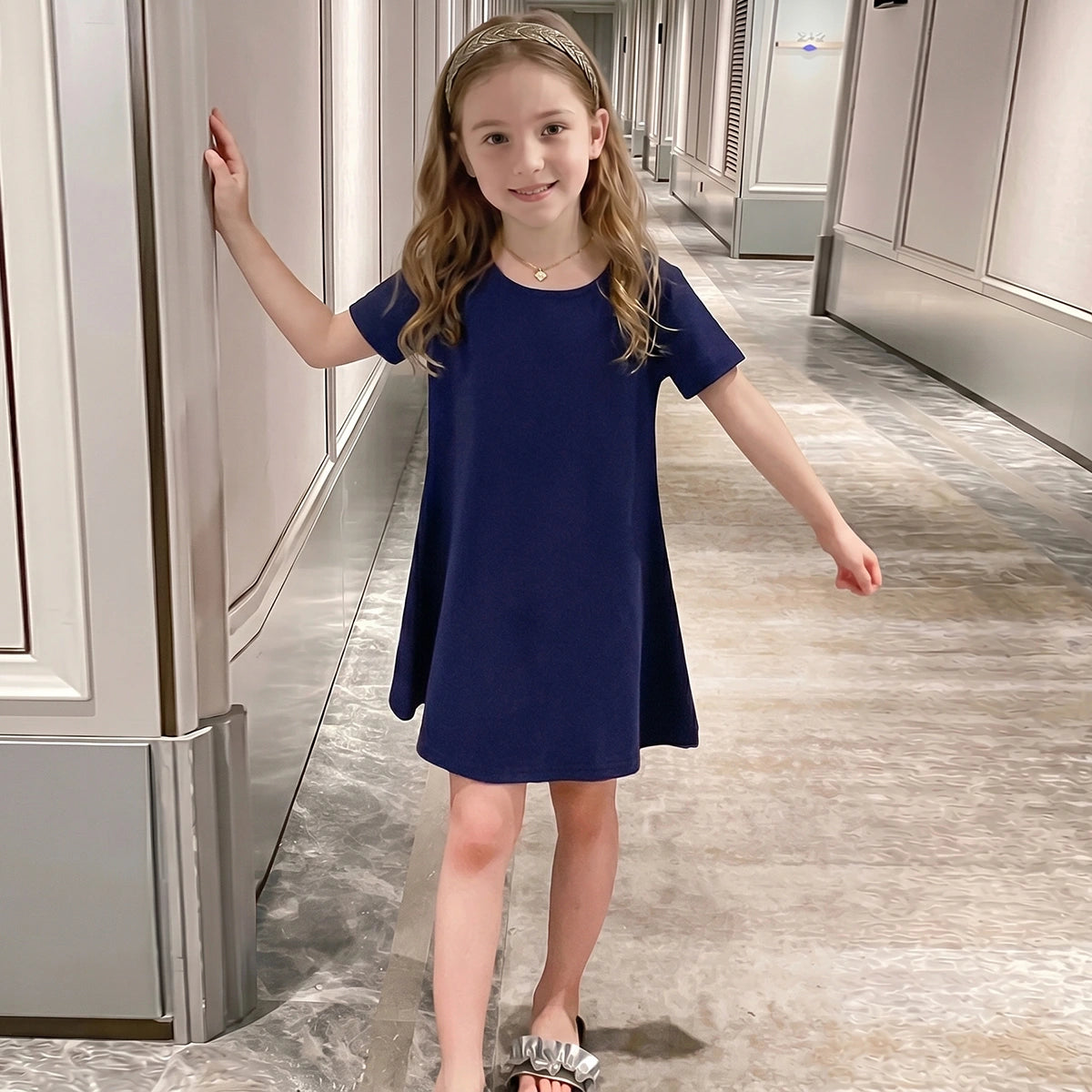 Girls Navy Blue Solid Short Sleeve Cross-Back A-Line Dress Casual Dresses Navy Blue 3-4 Y