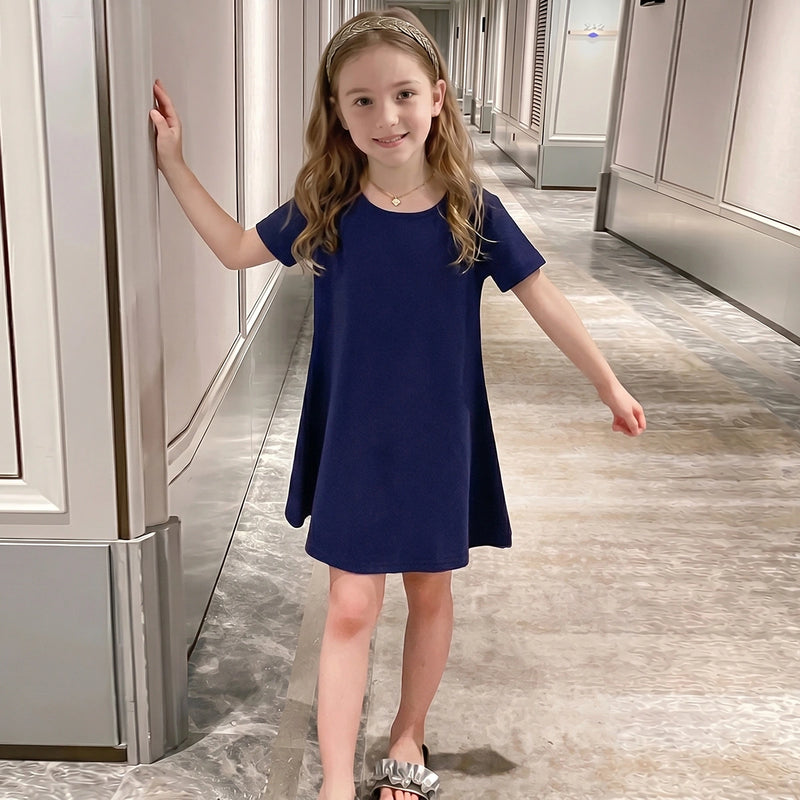 Girls Navy Blue Solid Short Sleeve Cross-Back A-Line Dress Casual Dresses Navy Blue 3-4 Y