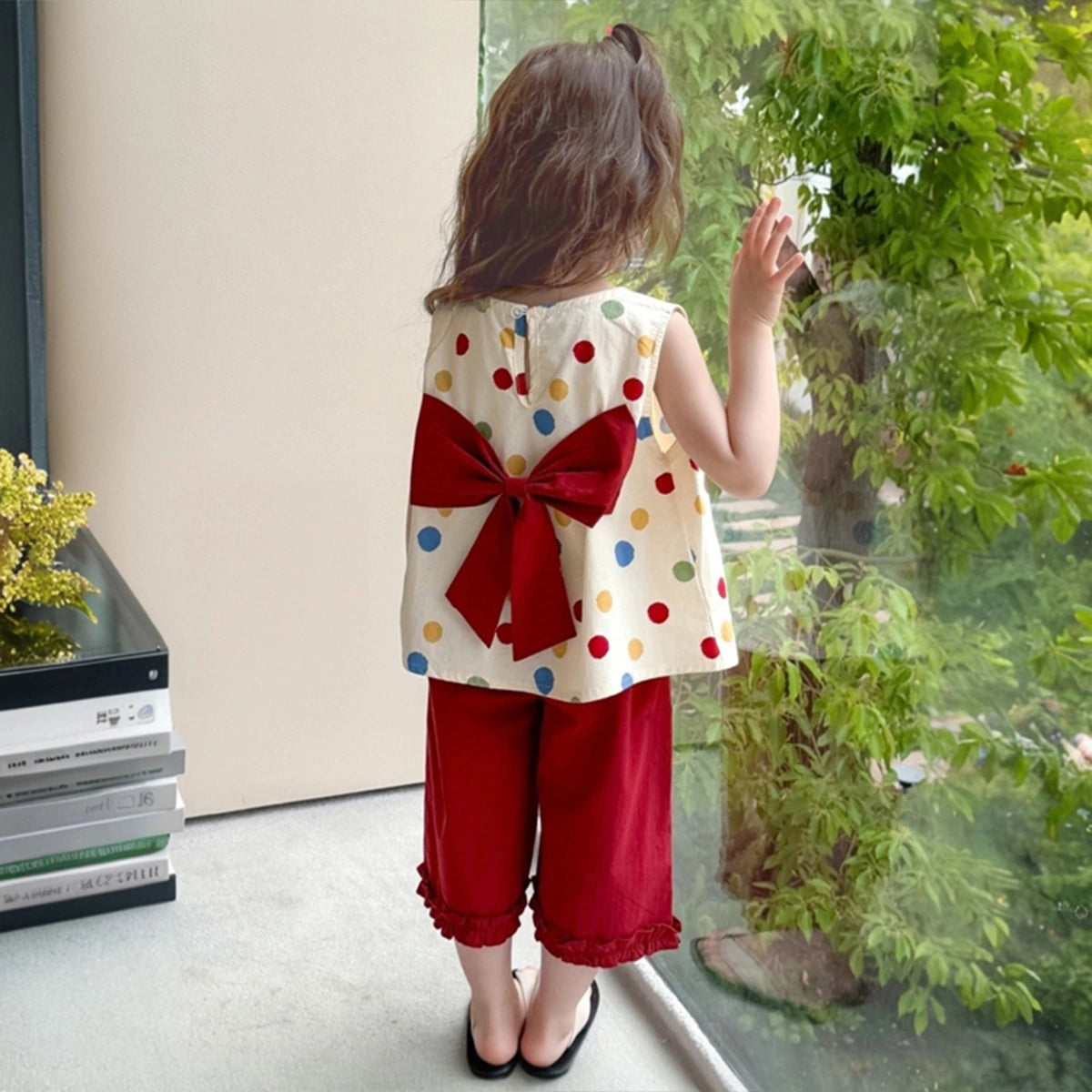 Girls Red Polka Dot Print Top With Elasticated Pants Sets Sets