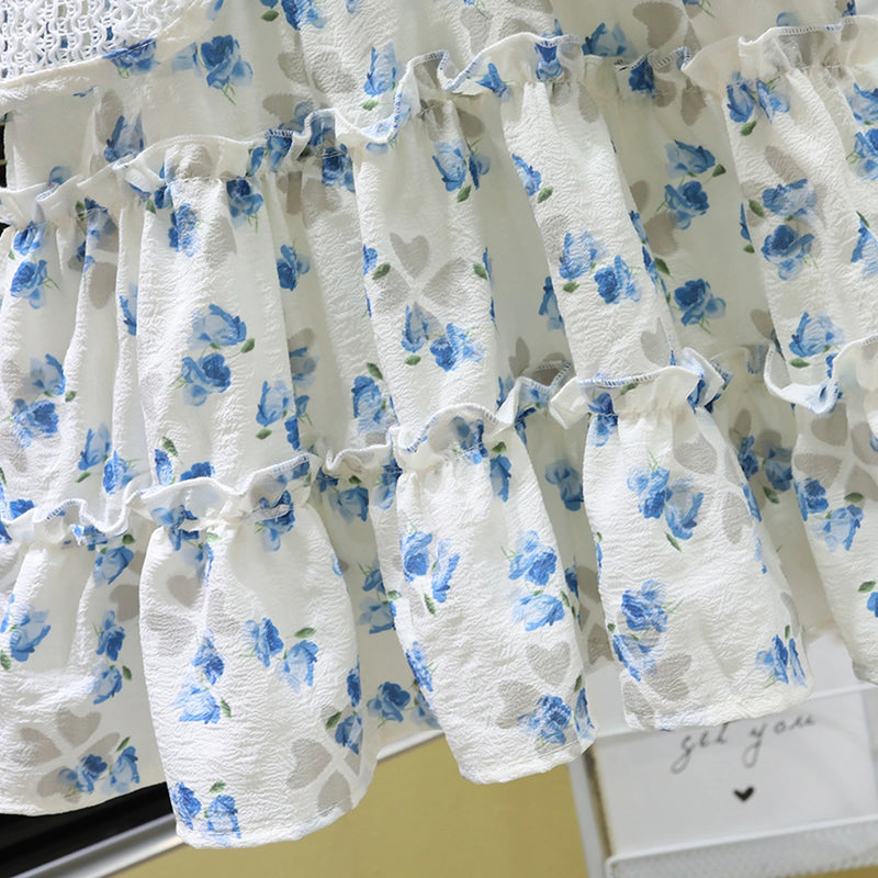 Girls White Floral Print Sleeveless Tiered Dress Casual Dresses