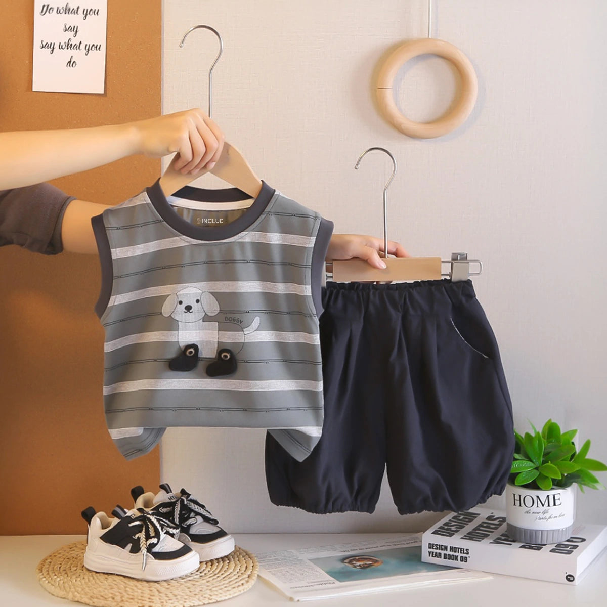 Boys Grey Animal Striped Sleeveless T-Shirt With Elasticated Shorts Sets 2 pc. Sets Grey 1-2 Y