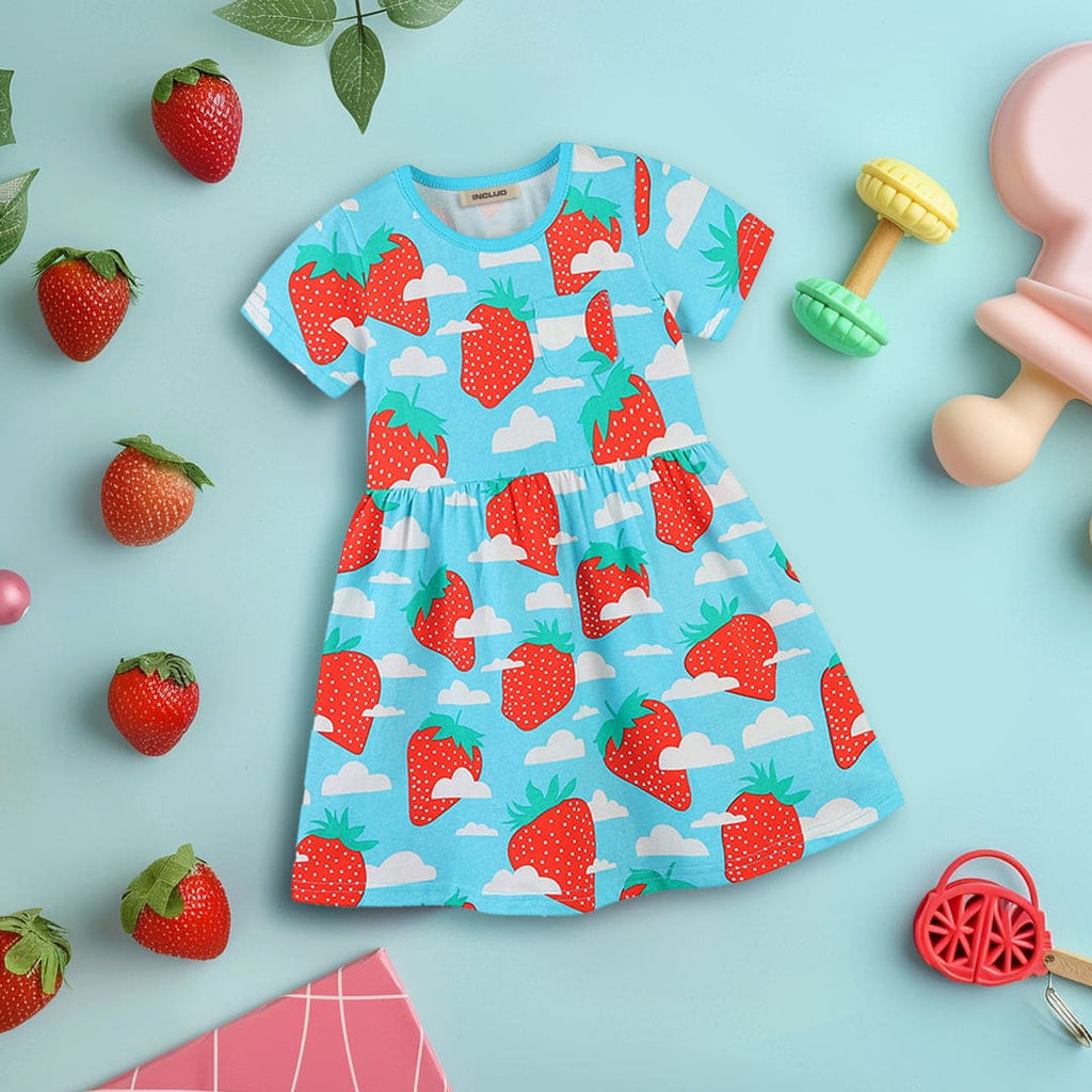 Girls Strawberry Print Short Sleeves Dress