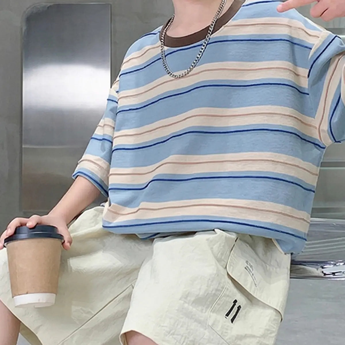 Boys Blue Striped Oversized T-Shirt With Shorts Sets Sets