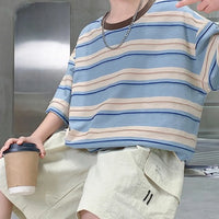Boys Blue Striped Oversized T-Shirt With Shorts Sets Sets