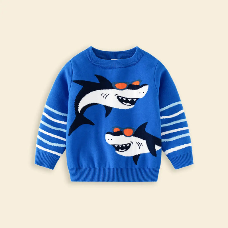 Boys Blue Self-Design Shark Patterns Knitted Sweater Sweaters & Cardigans