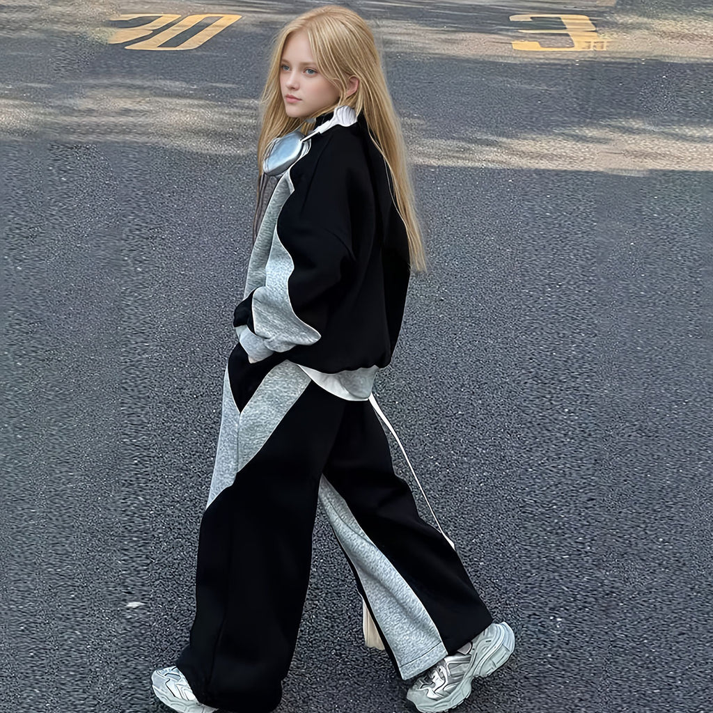 Girls Dark Grey Colorblocked High Neck Sweatshirt With Pants Sets 2 pc. Sets