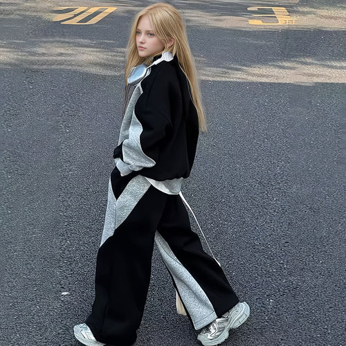 Girls Dark Grey Colorblocked High Neck Sweatshirt With Pants Sets 2 pc. Sets