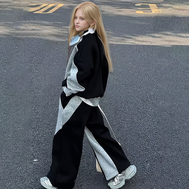 Girls Dark Grey Colorblocked High Neck Sweatshirt With Pants Sets 2 pc. Sets