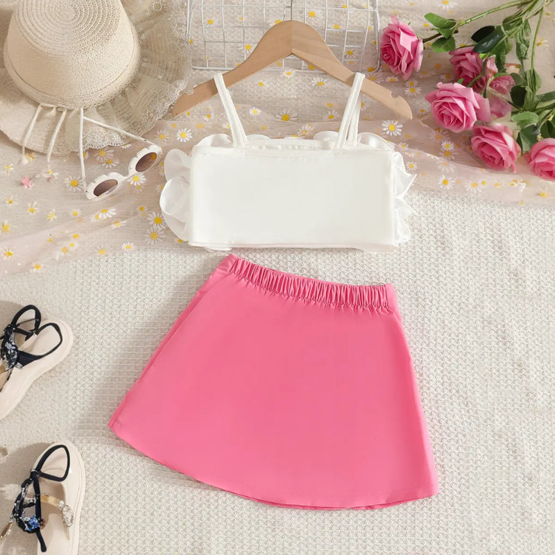 Girls Floral Applique Sleeveless Crop Top With Pink Skirt Sets Sets
