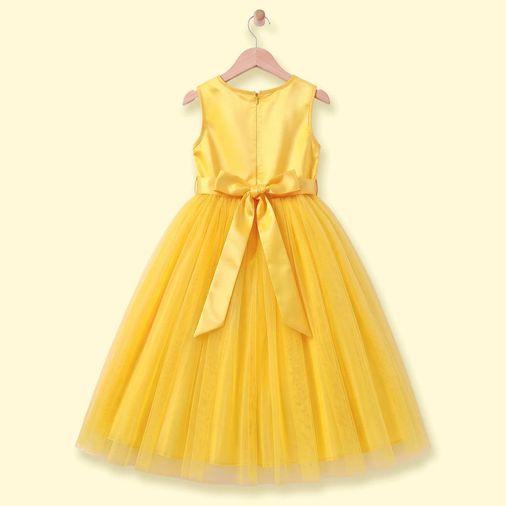Girls yellow sleeveless party gown with floral applique and tulle