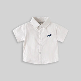 Boys Beige Striped Casual Shirt with Shark Embroidery Shirts
