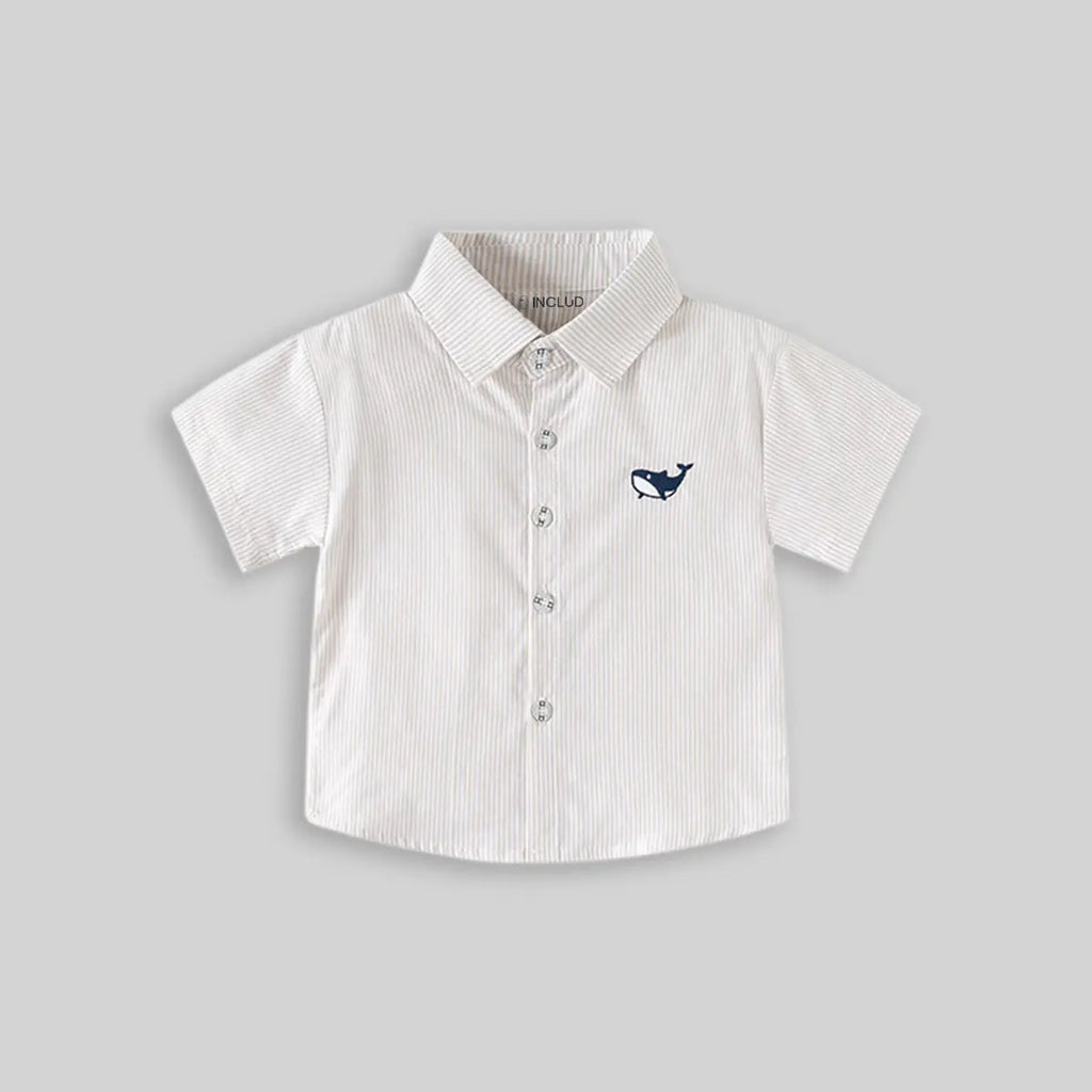 Boys Beige Striped Casual Shirt with Shark Embroidery Shirts