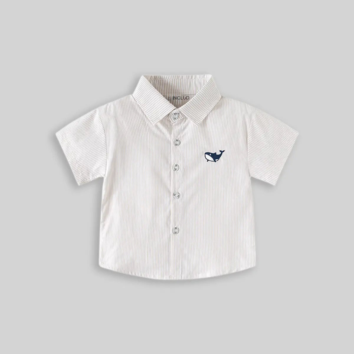 Boys Beige Striped Casual Shirt with Shark Embroidery Shirts