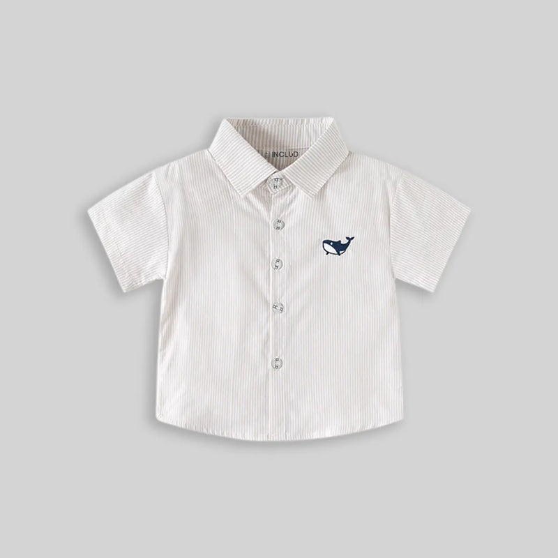 Boys Beige Striped Casual Shirt with Shark Embroidery Shirts