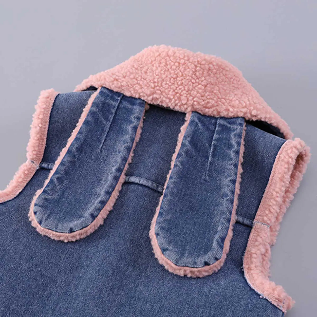 Girls Trendy Sleeveless Denim Jacket with Pink Fleece Lining & Bunny Applique Coats & Jackets