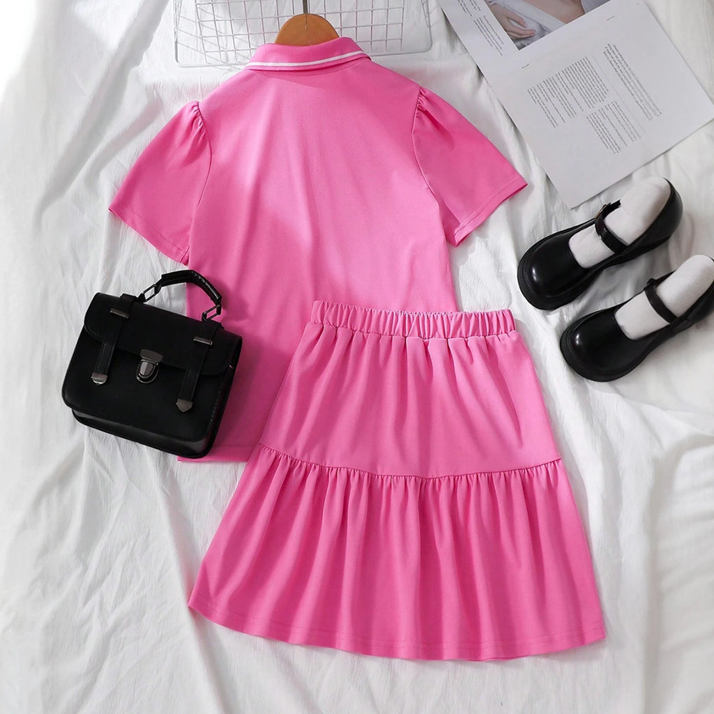 Girls Dark Pink Puff Sleeve Polo Top & Skirt Co-ord Set Sets