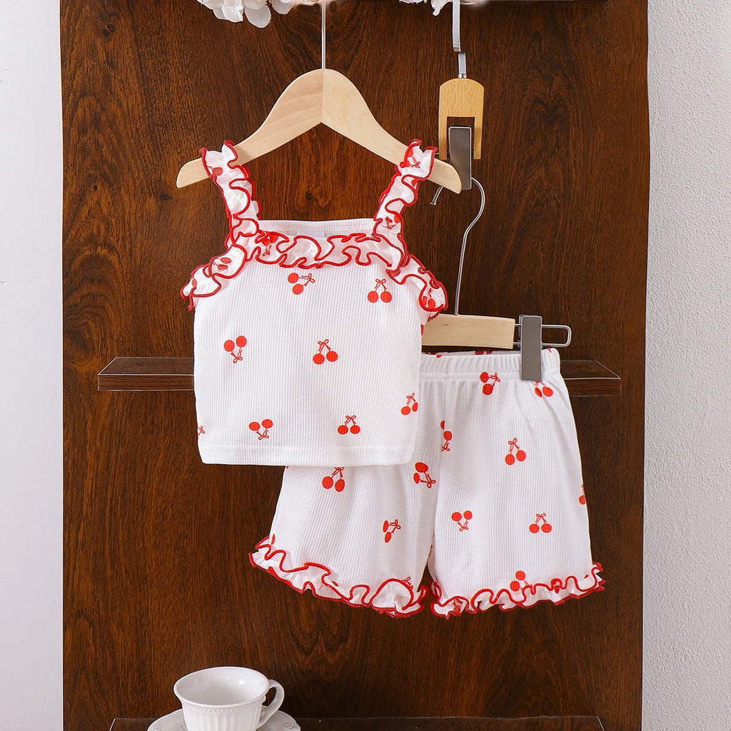 Girls White Cherry Print Ruffle Sleeveless Top With Shorts Sets 2 pc. Sets White 2-3 Y