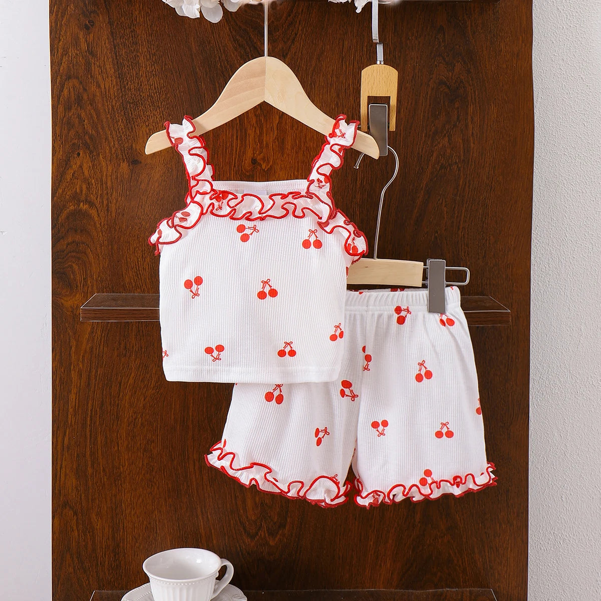 Girls White Cherry Print Ruffle Sleeveless Top With Shorts Sets 2 pc. Sets White 2-3 Y