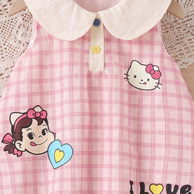 Girls Pink Sleeveless Checked Balloon Dress Casual Dresses