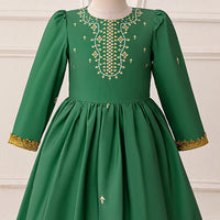 Girls Green Printed Fit & Flare Dress With Long Sleeves Casual Dresses