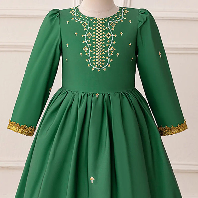 Girls Green Printed Fit & Flare Dress With Long Sleeves Casual Dresses