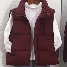 Boys Burgundy Quilted Puffer Zip-up Vest With Stand-up Collar Coats & Jackets