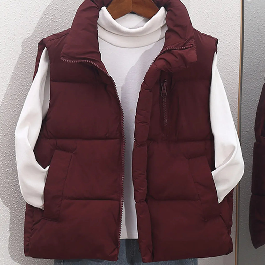 Boys Burgundy Quilted Puffer Zip-up Vest With Stand-up Collar Coats & Jackets