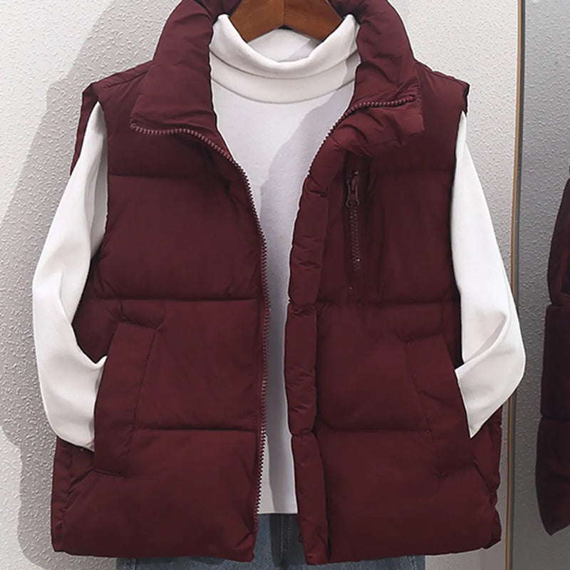 Boys Burgundy Quilted Puffer Zip-up Vest With Stand-up Collar Coats & Jackets
